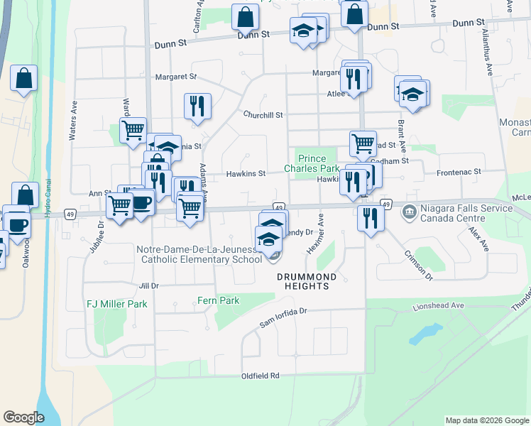 map of restaurants, bars, coffee shops, grocery stores, and more near 7277 Wilson Crescent in Niagara Falls