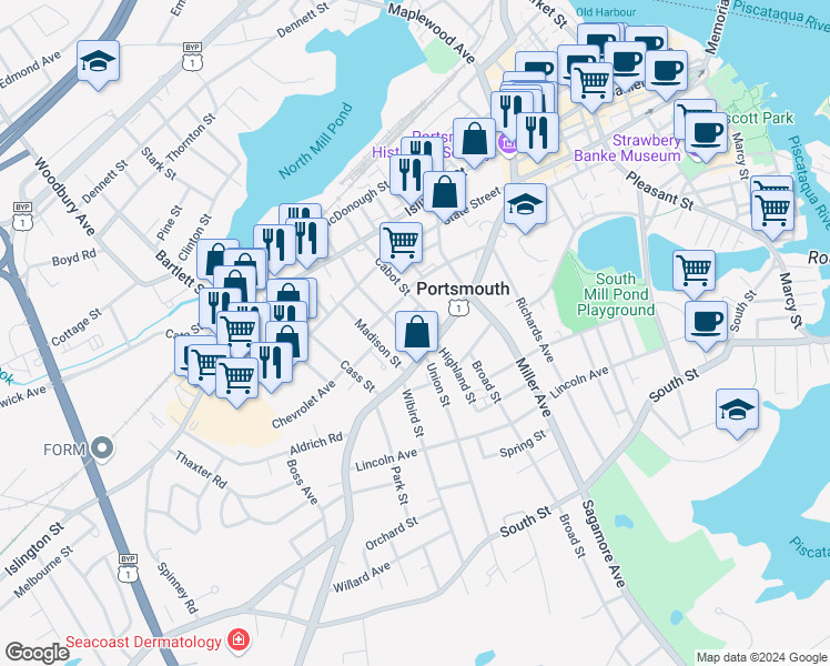 map of restaurants, bars, coffee shops, grocery stores, and more near 46 Cabot Street in Portsmouth