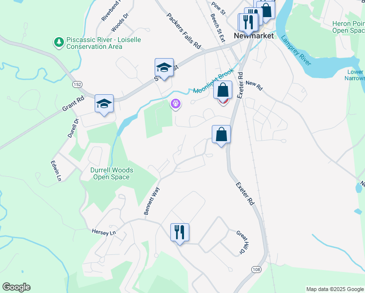 map of restaurants, bars, coffee shops, grocery stores, and more near Terrace Drive in Newmarket