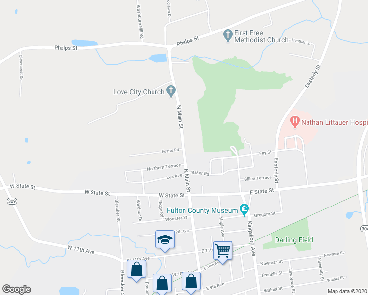 map of restaurants, bars, coffee shops, grocery stores, and more near 498 North Main Street in Gloversville