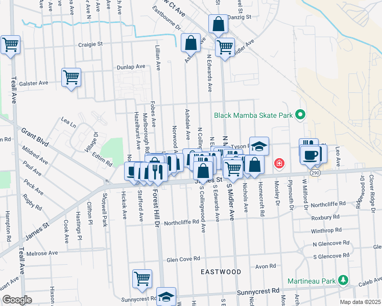 map of restaurants, bars, coffee shops, grocery stores, and more near 210 Ashdale Avenue in Syracuse