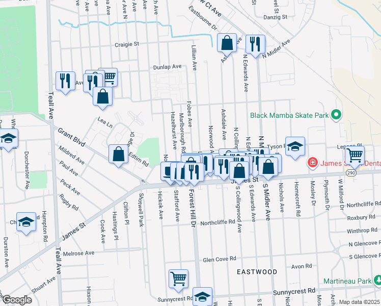 map of restaurants, bars, coffee shops, grocery stores, and more near 147-51 Fobes Avenue in Syracuse