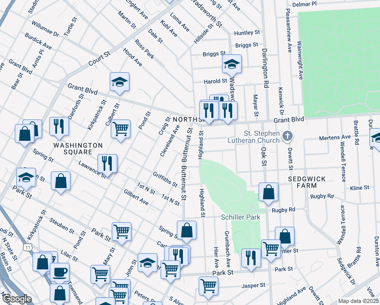 map of restaurants, bars, coffee shops, grocery stores, and more near 1400 Butternut Street in Syracuse