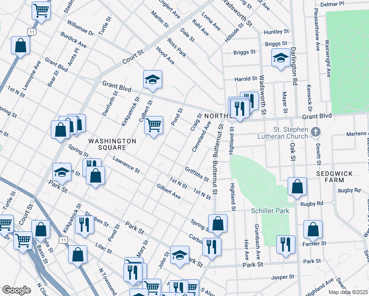 map of restaurants, bars, coffee shops, grocery stores, and more near 331 Craig Street in Syracuse