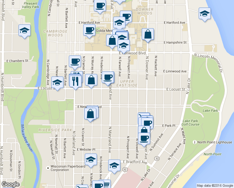 map of restaurants, bars, coffee shops, grocery stores, and more near 2903 North Farwell Avenue in Milwaukee
