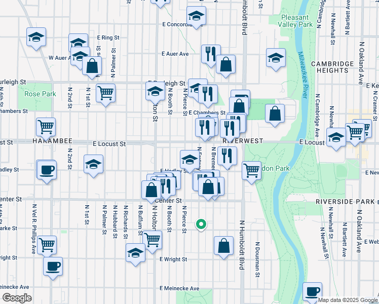 map of restaurants, bars, coffee shops, grocery stores, and more near 633 East Locust Street in Milwaukee