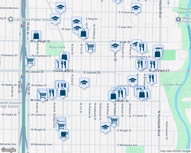 map of restaurants, bars, coffee shops, grocery stores, and more near 2868 North Palmer Street in Milwaukee