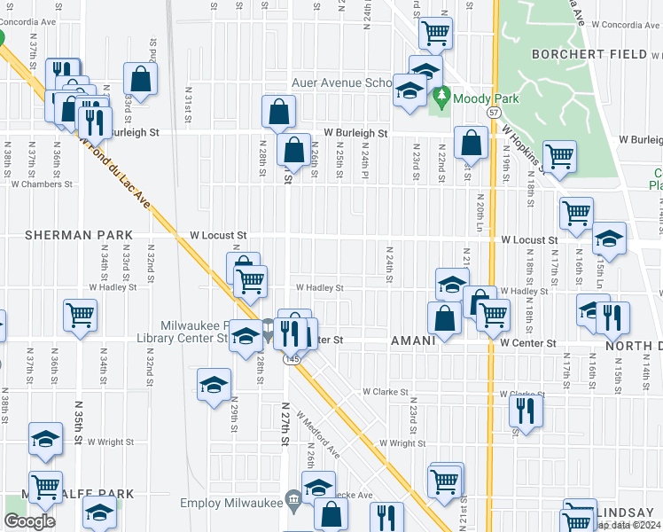 map of restaurants, bars, coffee shops, grocery stores, and more near in Milwaukee