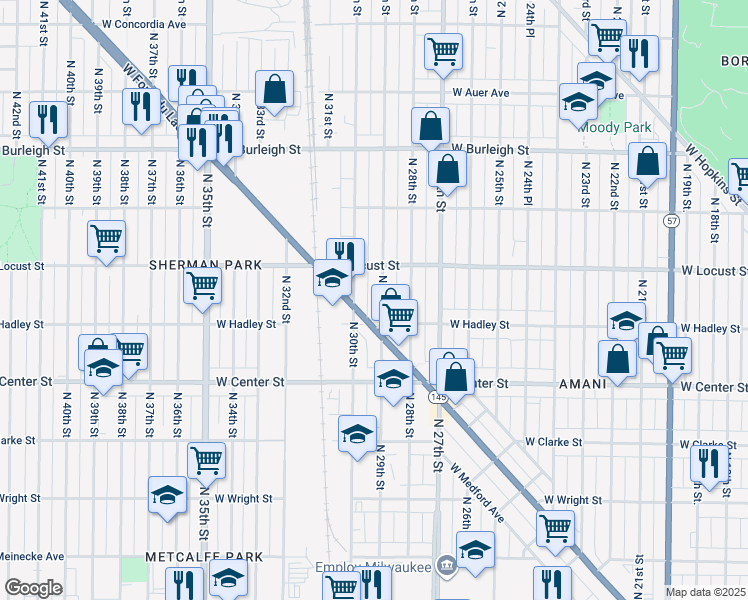 map of restaurants, bars, coffee shops, grocery stores, and more near 2858 North 29th Street in Milwaukee