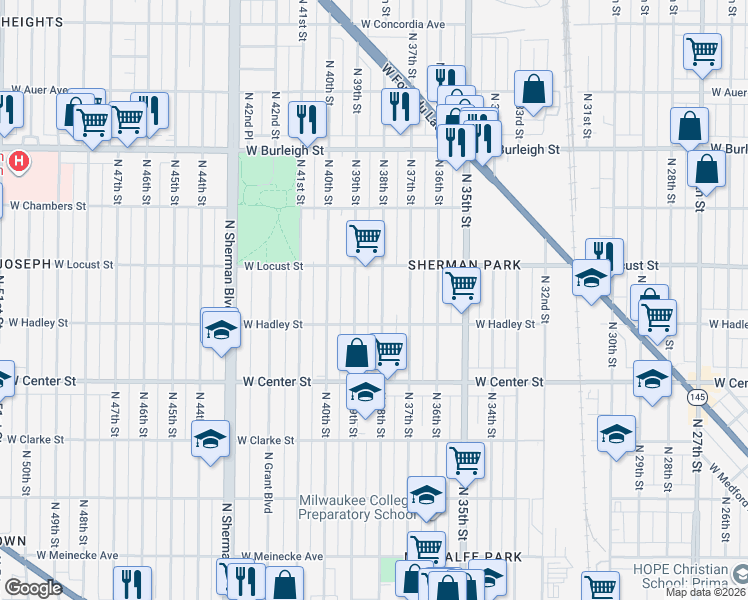 map of restaurants, bars, coffee shops, grocery stores, and more near 2857 North 38th Street in Milwaukee