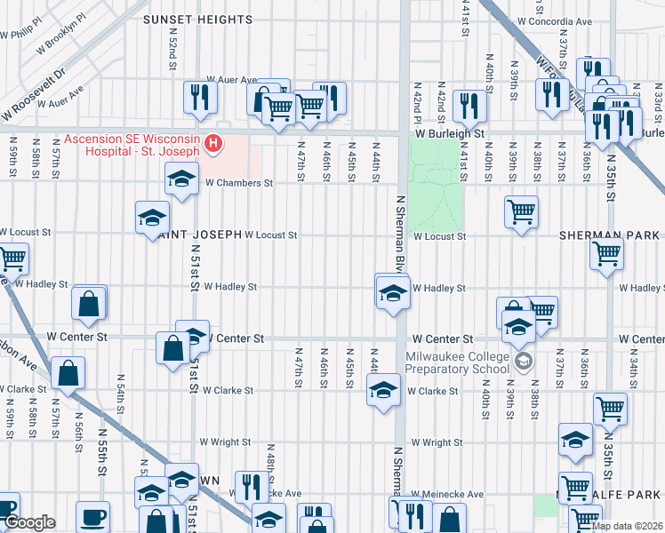 map of restaurants, bars, coffee shops, grocery stores, and more near 2857 North 45th Street in Milwaukee