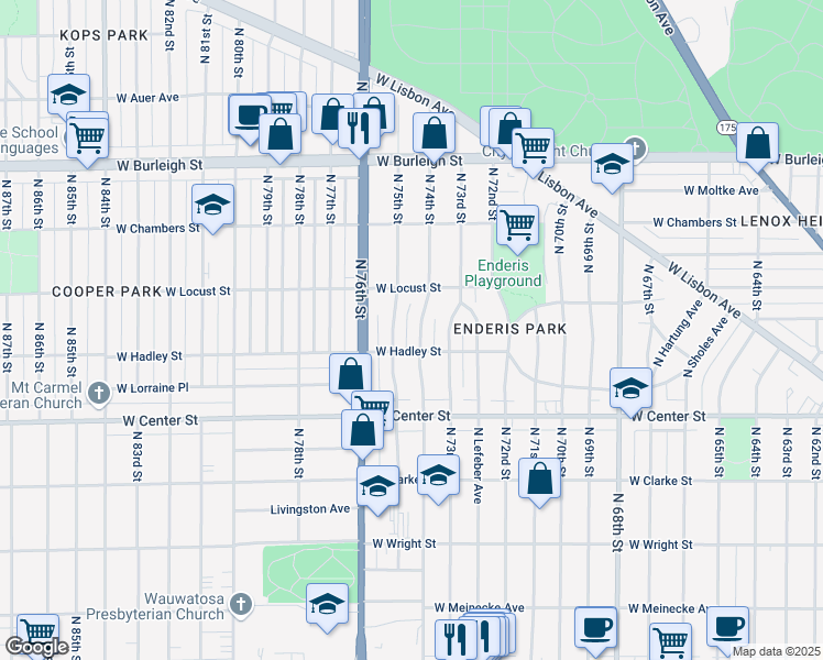 map of restaurants, bars, coffee shops, grocery stores, and more near 2846 North 74th Street in Milwaukee