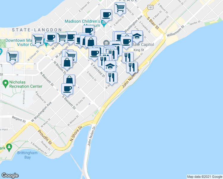map of restaurants, bars, coffee shops, grocery stores, and more near 131 West Wilson Street in Madison