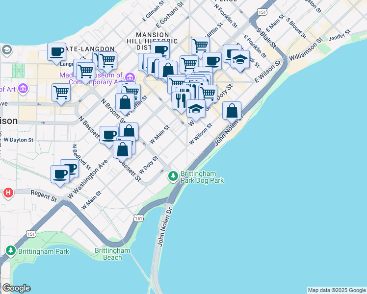 map of restaurants, bars, coffee shops, grocery stores, and more near 200 South Henry Street in Madison