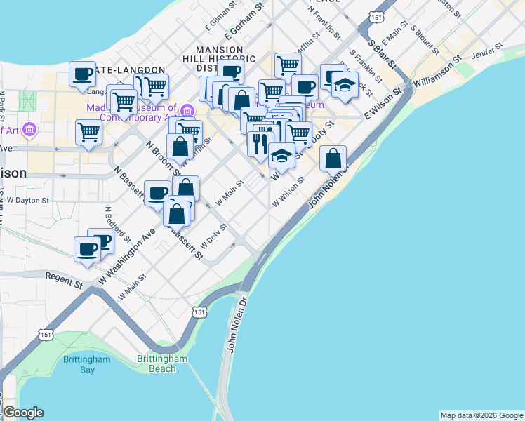 map of restaurants, bars, coffee shops, grocery stores, and more near 200 South Henry Street in Madison