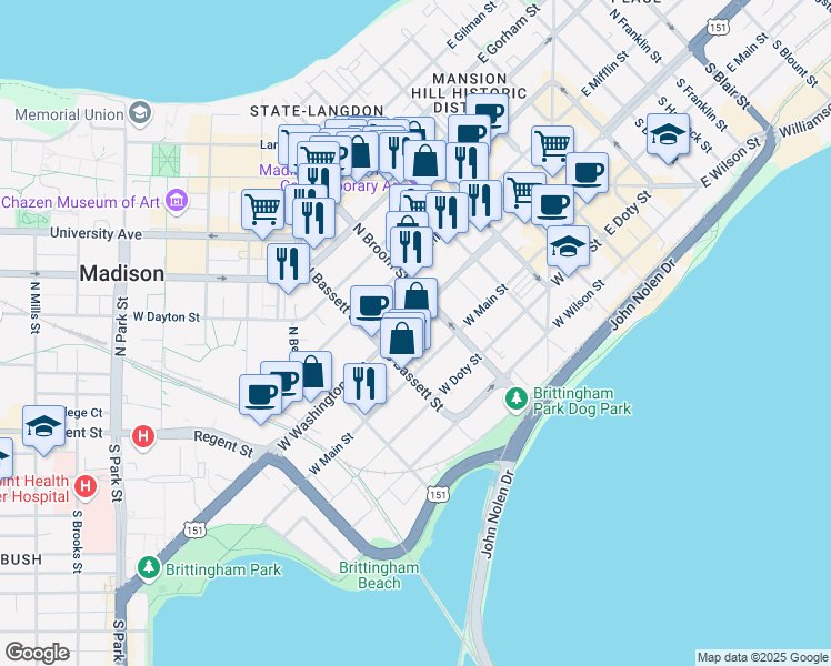 map of restaurants, bars, coffee shops, grocery stores, and more near 5 North Broom Street in Madison