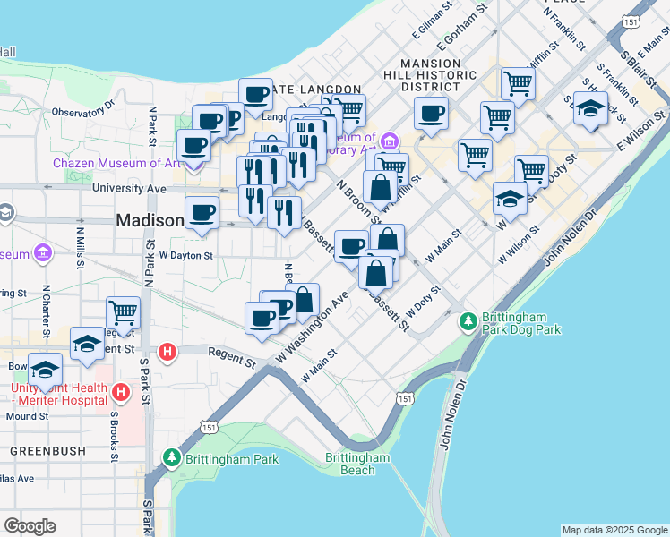 map of restaurants, bars, coffee shops, grocery stores, and more near 114 North Bassett Street in Madison