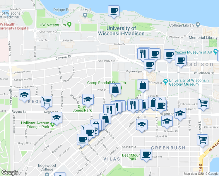 map of restaurants, bars, coffee shops, grocery stores, and more near 138 North Breese Terrace in Madison