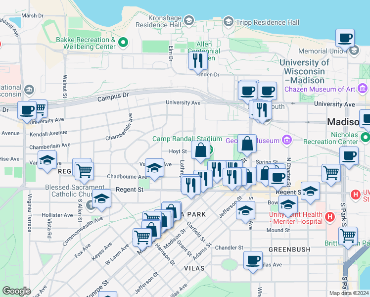 map of restaurants, bars, coffee shops, grocery stores, and more near 138 Lathrop Street in Madison