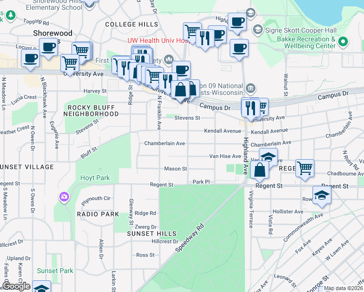 map of restaurants, bars, coffee shops, grocery stores, and more near 2718 Chamberlain Avenue in Madison