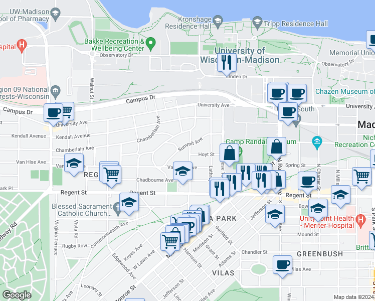 map of restaurants, bars, coffee shops, grocery stores, and more near 122 North Spooner Street in Madison