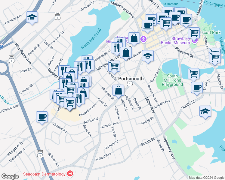 map of restaurants, bars, coffee shops, grocery stores, and more near 188 Union Street in Portsmouth