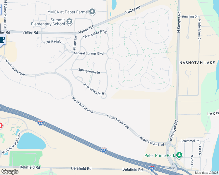 map of restaurants, bars, coffee shops, grocery stores, and more near 1859 River Lakes Road South in Oconomowoc
