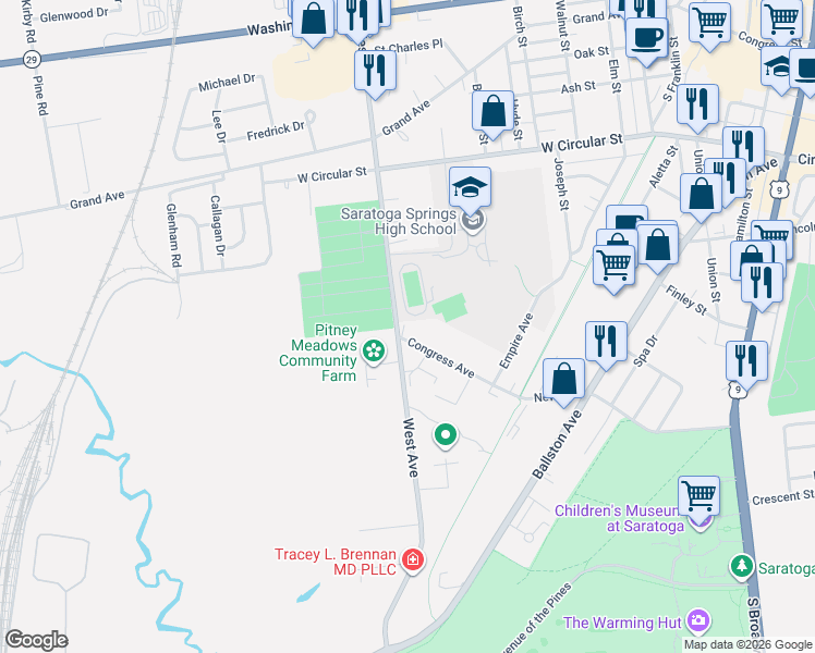 map of restaurants, bars, coffee shops, grocery stores, and more near 216 West Avenue in Saratoga Springs
