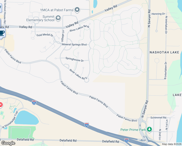 map of restaurants, bars, coffee shops, grocery stores, and more near 1859 River Lakes Road South in Oconomowoc