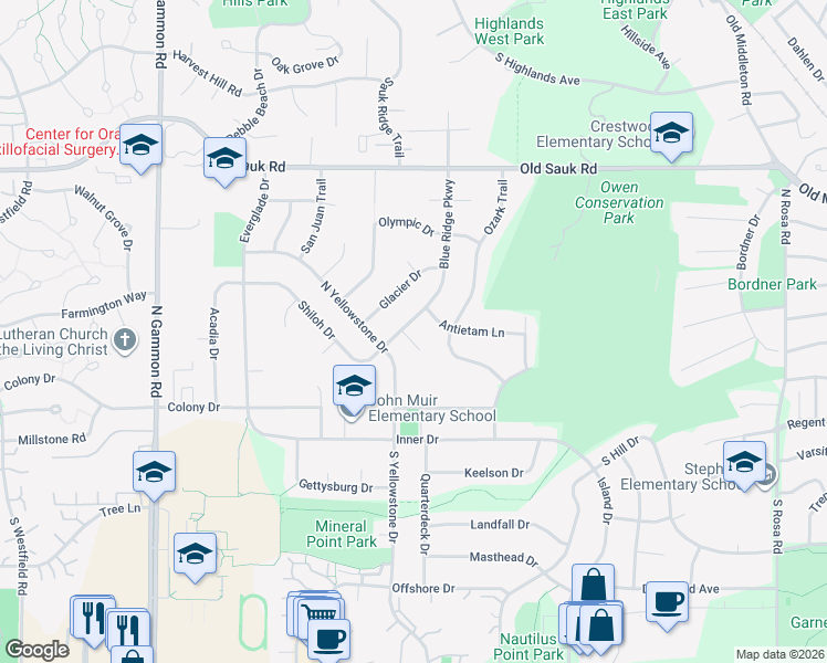map of restaurants, bars, coffee shops, grocery stores, and more near 202 Blue Ridge Parkway in Madison