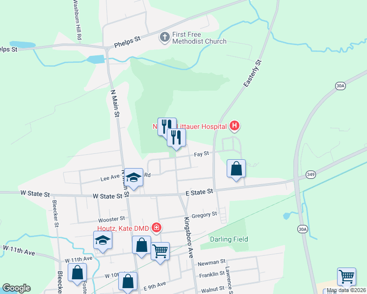 map of restaurants, bars, coffee shops, grocery stores, and more near 24 Cortland Street in Gloversville