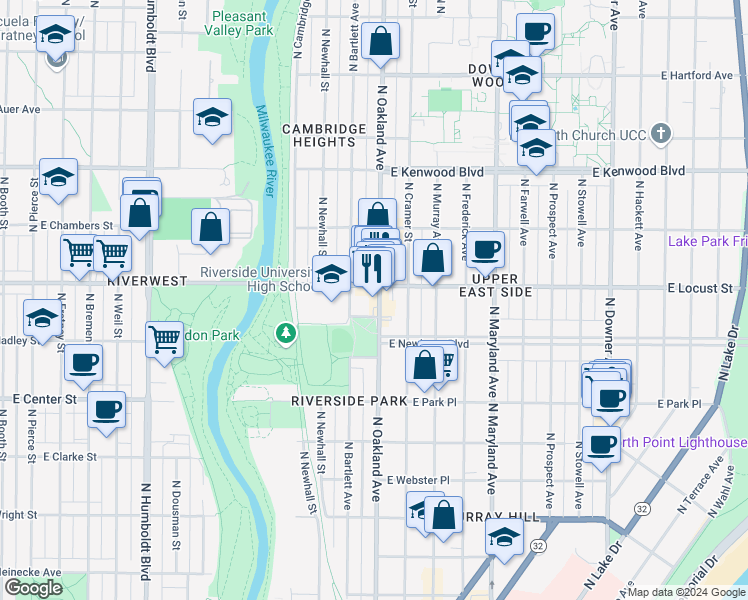 map of restaurants, bars, coffee shops, grocery stores, and more near 2851 North Oakland Avenue in Milwaukee