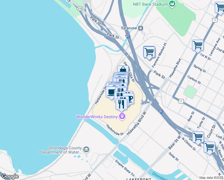 map of restaurants, bars, coffee shops, grocery stores, and more near 6 Harborside Drive in Syracuse