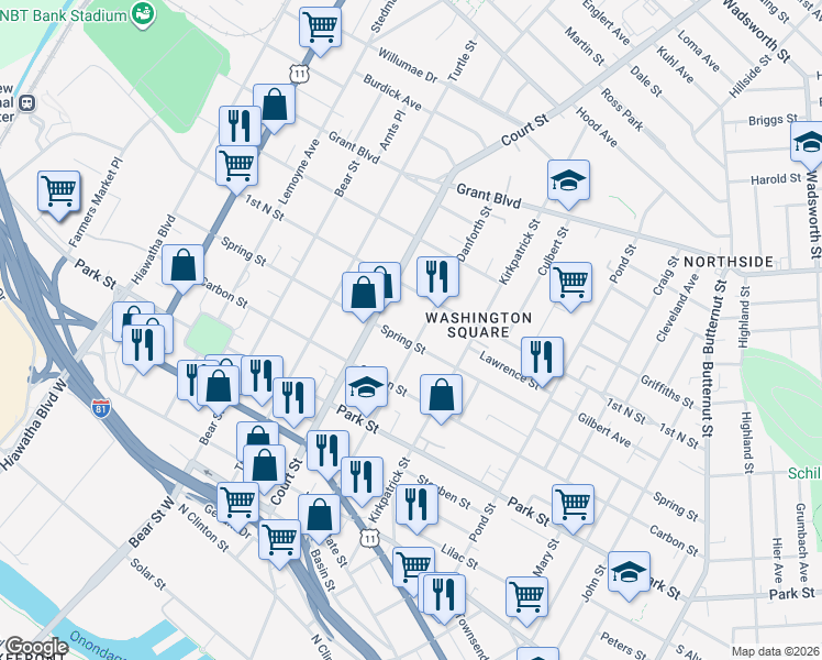 map of restaurants, bars, coffee shops, grocery stores, and more near 807 Danforth Street in Syracuse