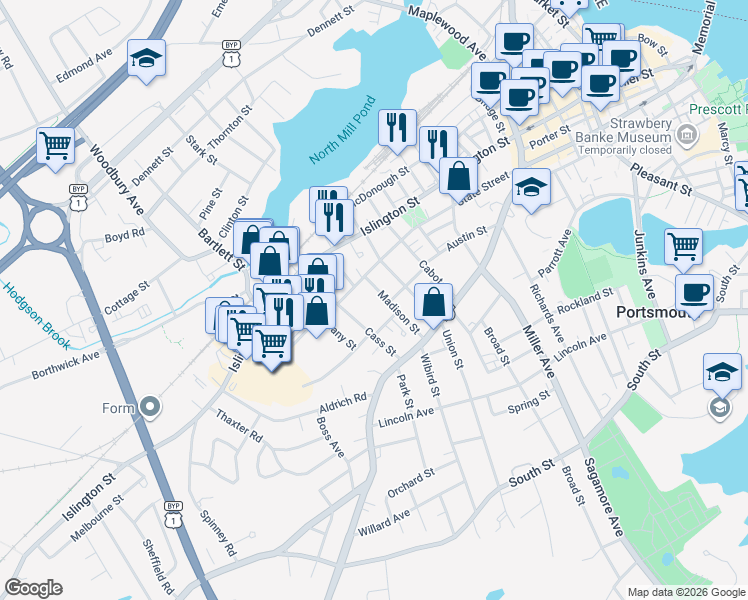 map of restaurants, bars, coffee shops, grocery stores, and more near 186 Madison Street in Portsmouth