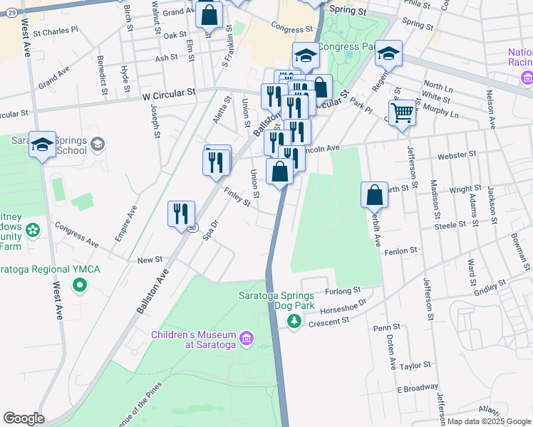 map of restaurants, bars, coffee shops, grocery stores, and more near 81 Adelphi Street in Saratoga Springs