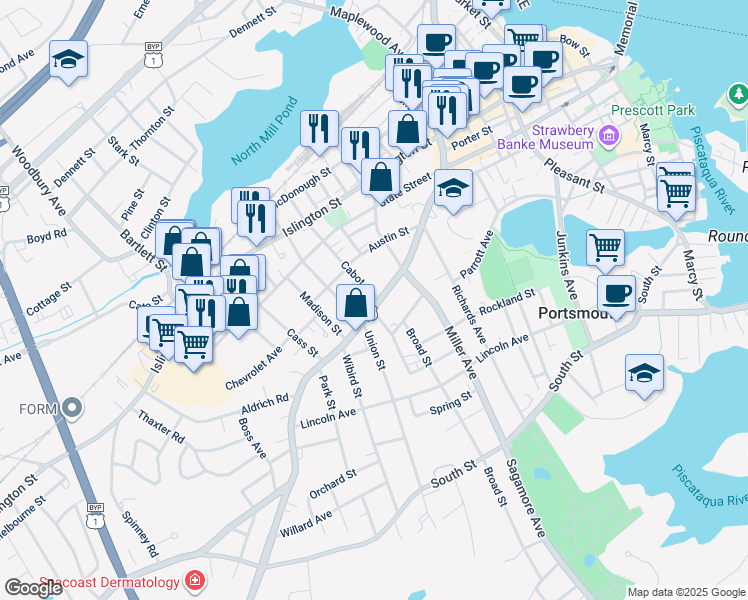 map of restaurants, bars, coffee shops, grocery stores, and more near 46 Cabot Street in Portsmouth