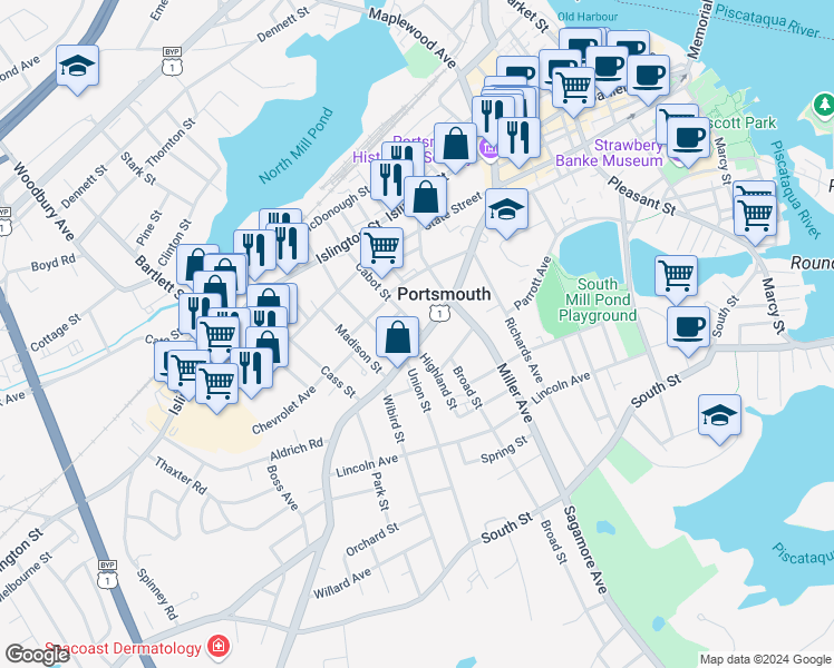 map of restaurants, bars, coffee shops, grocery stores, and more near 46 Cabot Street in Portsmouth