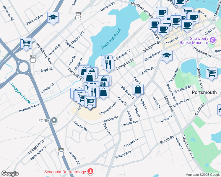 map of restaurants, bars, coffee shops, grocery stores, and more near 2 Columbia Court in Portsmouth