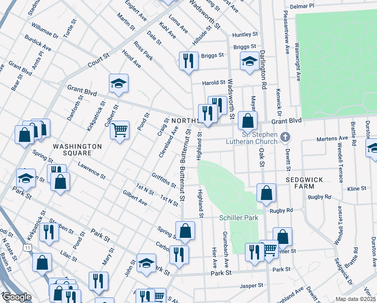 map of restaurants, bars, coffee shops, grocery stores, and more near 1400 Butternut Street in Syracuse
