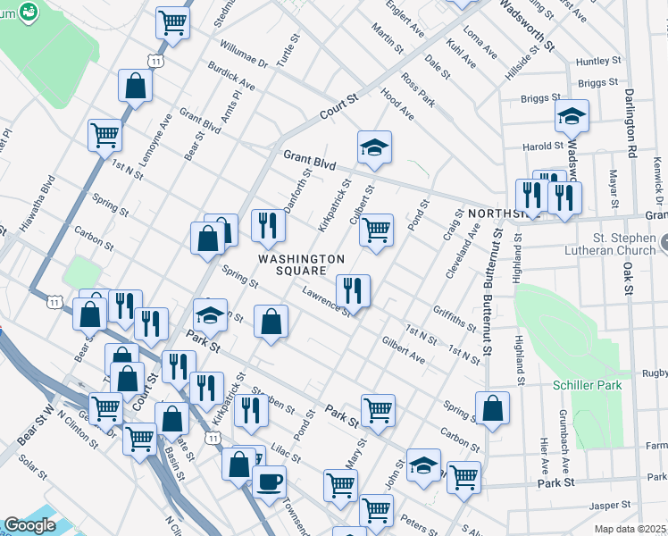 map of restaurants, bars, coffee shops, grocery stores, and more near 114 Culbert Street in Syracuse