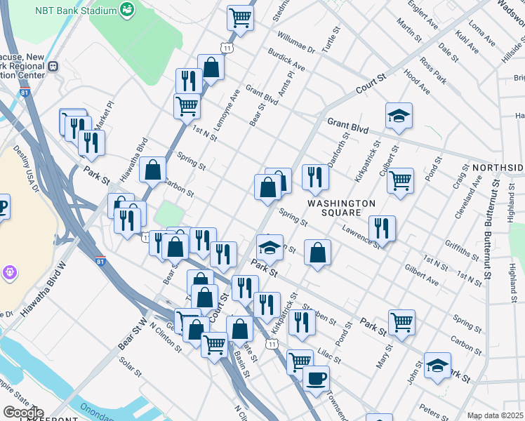 map of restaurants, bars, coffee shops, grocery stores, and more near 603 Court Street in Syracuse