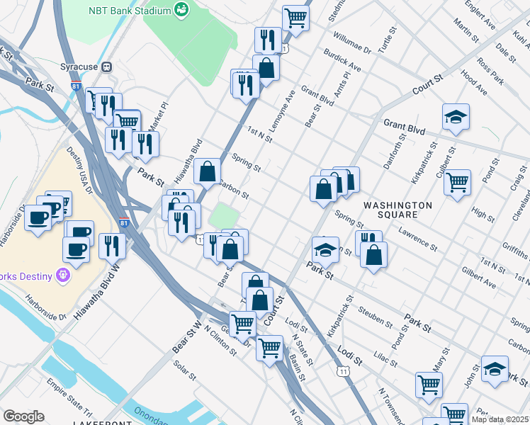 map of restaurants, bars, coffee shops, grocery stores, and more near 1103 Carbon Street in Syracuse