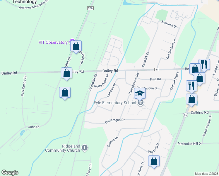 map of restaurants, bars, coffee shops, grocery stores, and more near 31 Campus Drive in Rochester