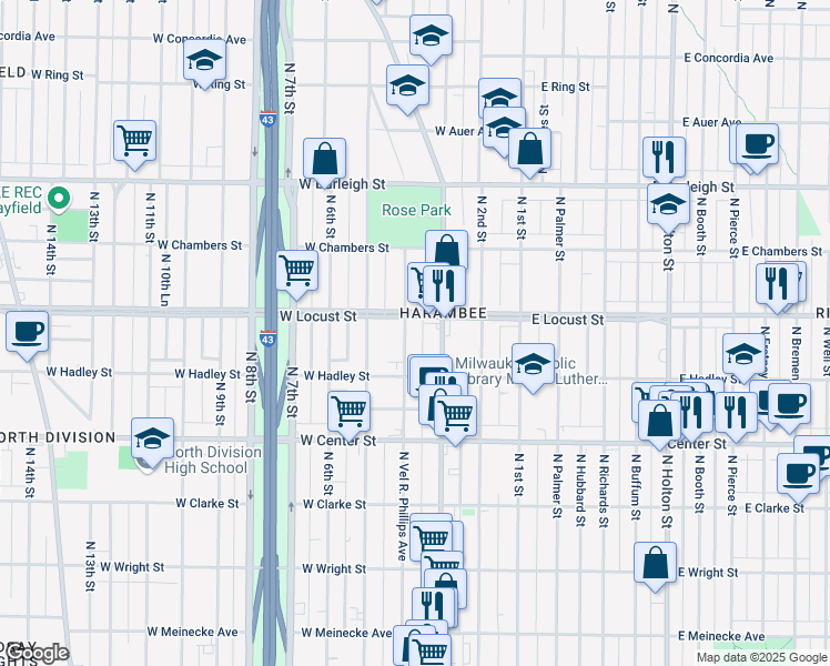 map of restaurants, bars, coffee shops, grocery stores, and more near 2870 Vel R. Phillips Avenue in Milwaukee