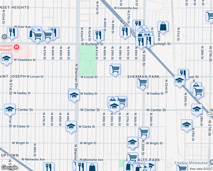 map of restaurants, bars, coffee shops, grocery stores, and more near 2856 North 40th Street in Milwaukee