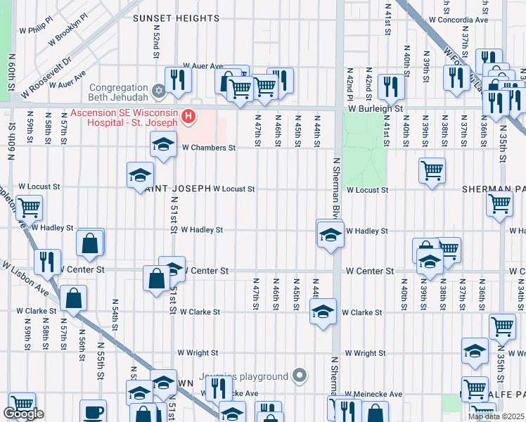 map of restaurants, bars, coffee shops, grocery stores, and more near 2854 North 47th Street in Milwaukee