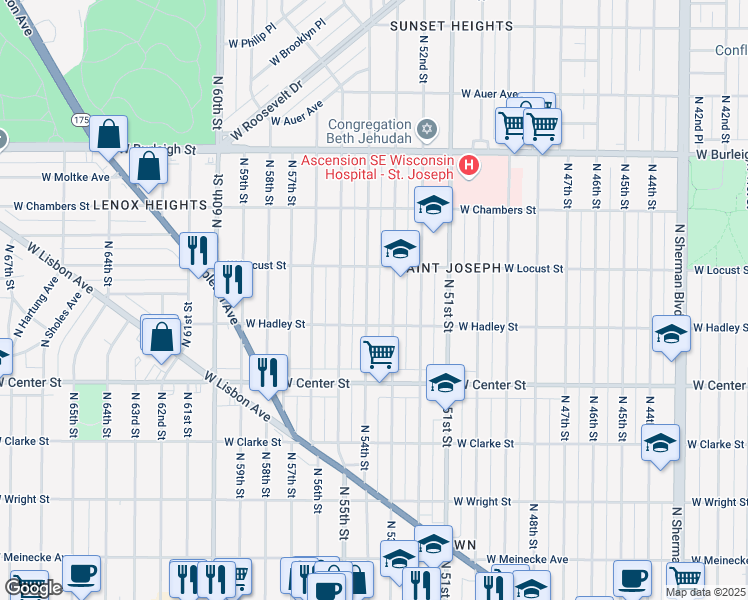 map of restaurants, bars, coffee shops, grocery stores, and more near 2851 North 54th Street in Milwaukee