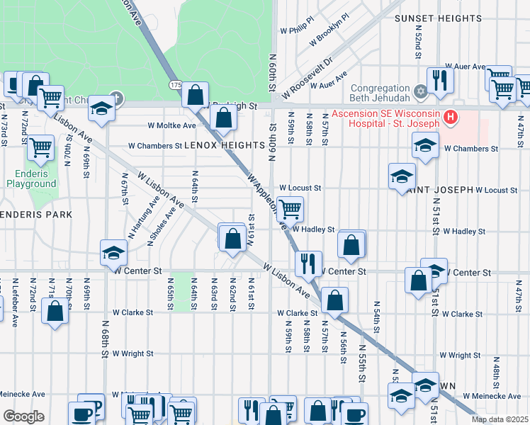 map of restaurants, bars, coffee shops, grocery stores, and more near 2856 North 61st Street in Milwaukee
