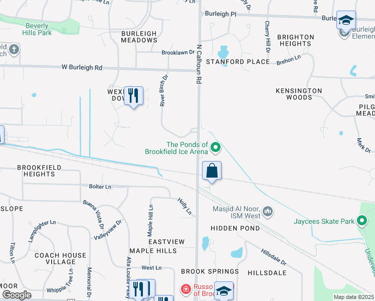 map of restaurants, bars, coffee shops, grocery stores, and more near 17285 River Birch Drive in Brookfield